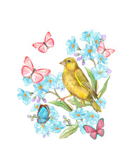 pretty yellow bird in bunch of blue flowers surrounded by flying butterflies. watercolor painting