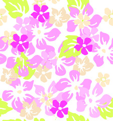 Fototapeta na wymiar Seamless hand drawn tropical vector pattern with bright hibiscus flowers and exotic palm leaves on dark background.