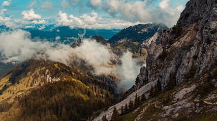 Beautiful alpine view with dramatic clouds at the famous Wendelstein near Bayrischzell, Bavaria, Germany