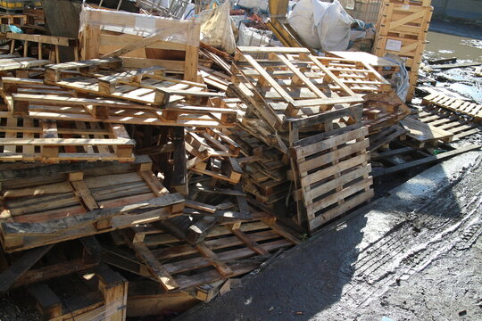 Waste recycling wooden pallets pile