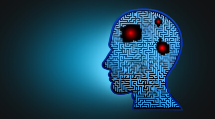 Brain cancer concept and malignant tumor symbol as a neurology and neuroscience symbol of malignant cells spreading inside a human head as a 3D illustration render.
