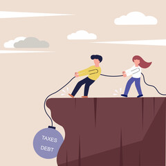 The people try to pull taxes and debt burden from abyss. Vector illustration in flat cartoon design. Crisis economy, global recession, fiscal. 