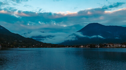 Beautiful alpine sunset view with Rottach-Egern in the background at the famous Tegernsee, Bavaria, Germany