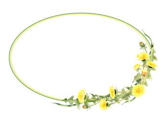Watercolor flower arrangement, frame of yellow dandelion flowers