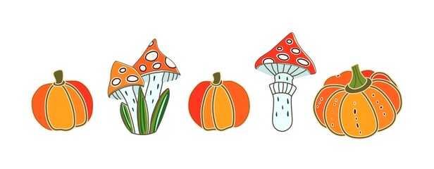 Pumpkins and mushrooms on a white background. Vector illustration. Autumn set of icons. Halloween. Abstract, hand-drawn, decorative pumpkins and mushrooms. Harvest food vegetables mushroom fly agaric