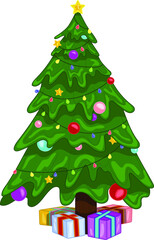 Colorful Christmas New Year winter tree with decorations and presents template. Bright holiday cartoon vector illustration for games, background, pattern, decor. Print for fabrics and other surfaces.