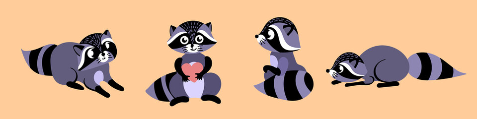 Cute cartoon raccoons collection. Funny woodland characters on beige background. Vector illustration.