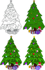 Colorful Christmas New Year winter tree with decorations and presents template set. Bright holiday cartoon vector illustration in color and black and white for games, decor. Coloring page, book, paper