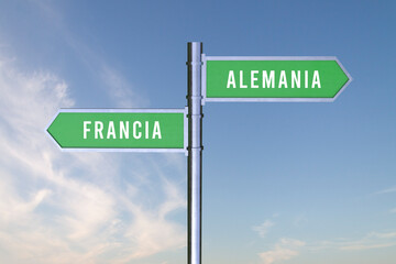 Sign indicating the direction of the borders between two countries Alemania, Francia ,  3d render.