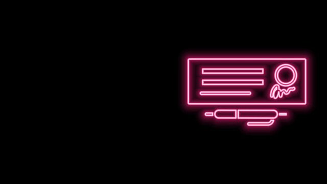 Glowing neon line Blank template of the bank check and pen icon isolated on black background. Checkbook cheque page with empty fields to fill. 4K Video motion graphic animation