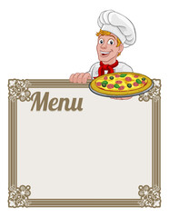 A chef cook man cartoon character peeking over a background menu sign and holding a pizza.