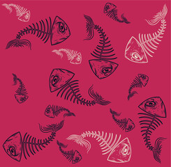 Vector halloween pattern with skeletons of fish, bones and bloody drops on black background. Seamless pattern can be used for wallpaper, pattern fills, web page background,surface textures.
