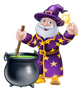 A wizard cartoon character mascot stirring a cauldron pot full of magic potion