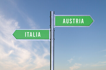 Sign indicating the direction of the borders between two countries Italia, Austria ,  3d render.