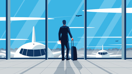 Vector flat illlustration of a businessman standing in the airport. Concept of a man wearing suit with suitcase standing in the airport lounge looking at the airfield. Departure awaiting hall interior