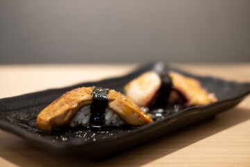 Selective focus point on Sushi Foie gras