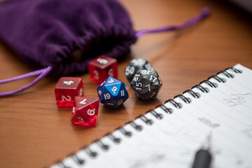 Set of pen, notebook, and dices to play role game like dungeons and dragons. Purple bag to storage...
