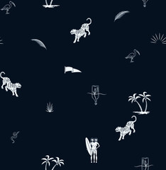 Beautiful tropical vector seamless pattern background with coconut palm trees, sailboat silhouettes, sun, mountaines, whale tails. Isolated on white background. The Summer beach surfing illustration