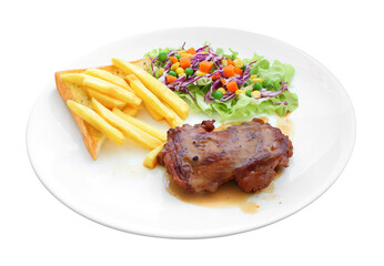 Chicken steak and french fried round plate on white background.