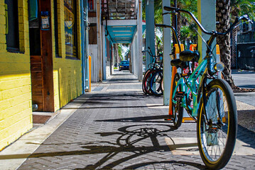 Beach bikes on the colorful sidewalk