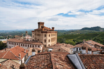 the castle of Barolo in the center of the Langhe, famous for its famous Piedmontese wine, seen from above © roberto muratore