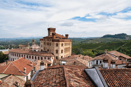 the castle of Barolo in the center of the Langhe, famous for its famous Piedmontese wine, seen from above