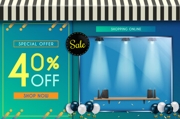 Shopping Online.and posters For the sales design of the website. and Shop front.and there is a glass cabinet for displaying products.and use it as a festival background or online shopping invitation.