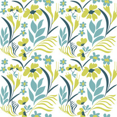 Blooming midsummer meadow seamless pattern. Plant background for fashion, wallpapers, print. A lot of different flowers on the field. Ditsy style.