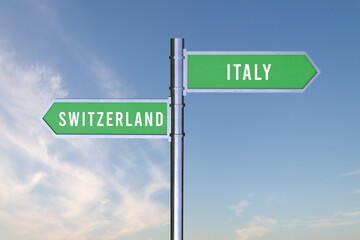 Sign indicating the direction of the borders between two countries Switzerland, Italy,  3d render.