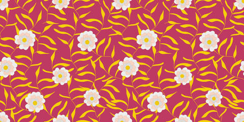 Blooming midsummer meadow seamless pattern. Plant background for fashion, wallpapers, print. A lot of different flowers on the field. Liberty style. Trendy floral design