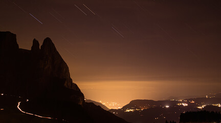 Long exposure night shot of the famous Schlern summit, Seis am Schlern, Dolomites, South Tyrol, Italy