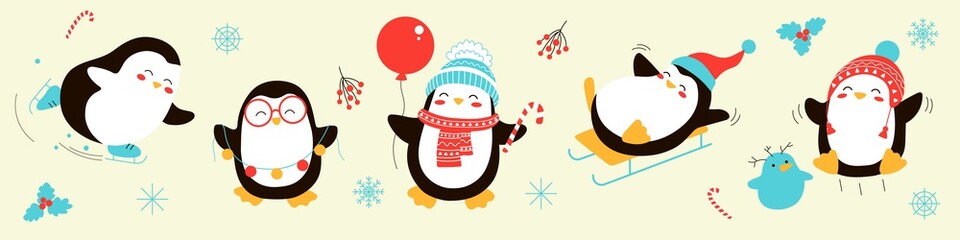 Set of Merry Christmas Penguins. Colorful vector illustration. Skates, sleigh, garland, snowman. Winter fun