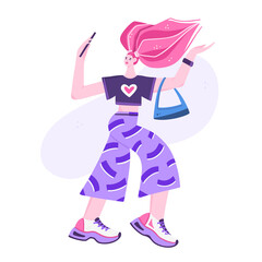 The blogger girl walks and communicates with her subscribers on her smartphone or takes a selfie. Influencer. Woman in stylish clothes. Character design. Fashionista. Flat style. Vector illustration