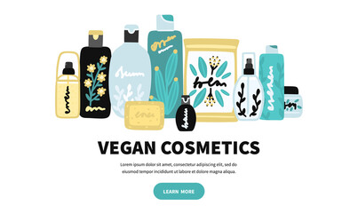 Vector cosmetic products. Natural cosmetics. Beauty care. Many jars and bottles. Facial skin care. Online store. Landing page template. Background is for banner, header, advertising, mailing list