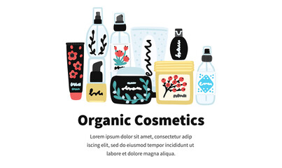 Vector cosmetic products. Natural cosmetics. Beauty care. Many jars and bottles. Facial skin care. Online store. Landing page template. Background is for banner, header, advertising, mailing list