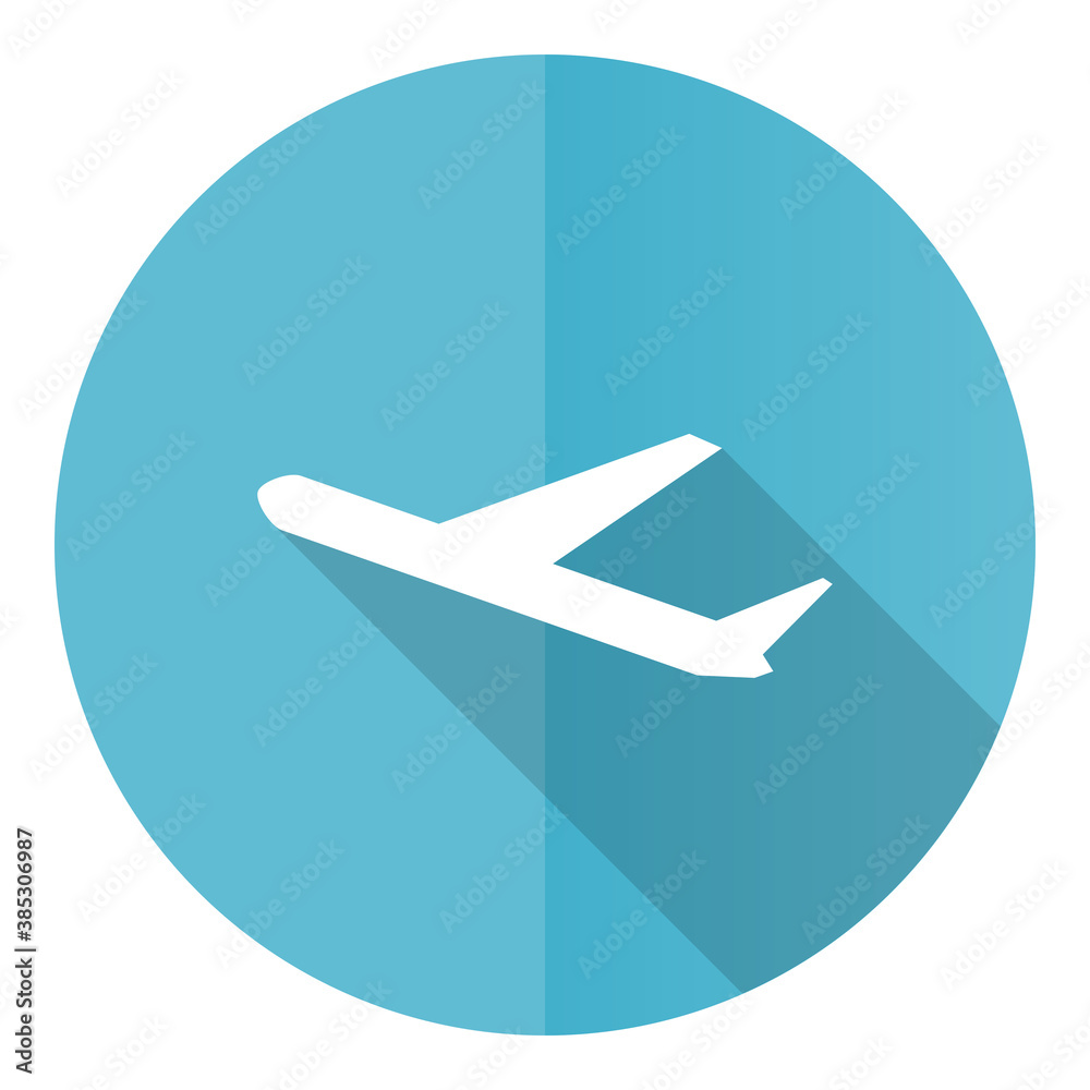 Aufkleber Deparures vector icon, flight, airplane flat design blue round web button isolated on white background