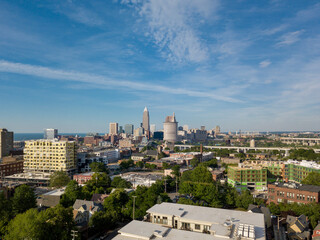 Gorgeous blue skies over downtown Cleveland from Ohio City aerial photography
