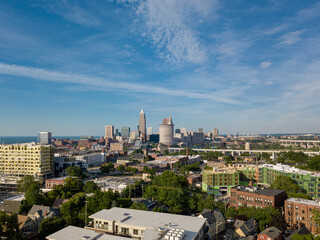 Gorgeous blue skies over downtown Cleveland from Ohio City aerial photography