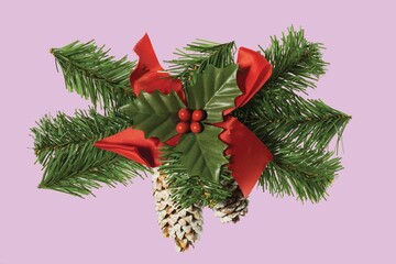 View of christmas decoration isolated on pink background.  Postcard. Beautiful christmas backgrounds.