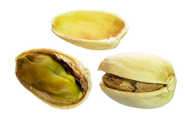 Pistachios isolated closeup without shell as package design element collection on white background. Nut macro. Pistachio kernels. Full depth of field.