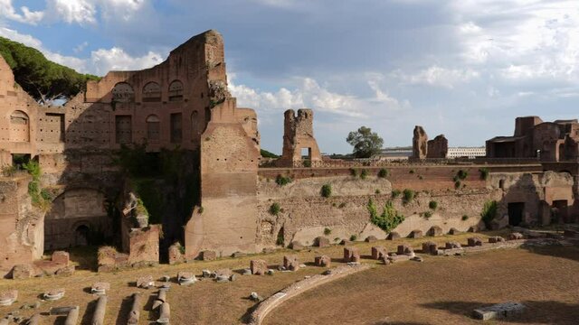 Hippodrome of Domitian or Stadio Palatino in city of Rome, Italy, ancient stadium on Palatine Hill, panning in 4k
