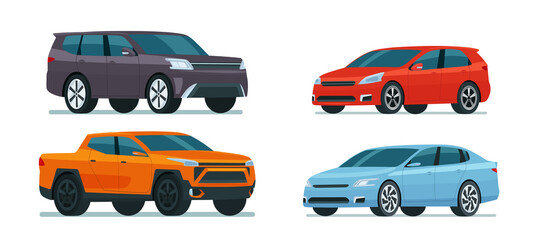 Set of modern cars. Includes hatchback, sedan, pickup and SUV. Vector flat illustration. © lyudinka