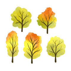 Watercolor set of simple autumn trees with red, green, yellow crowns. Golden lush foliage. Cut out elements isolated on white. Colorful decorative clip-art. Cozy fall forest