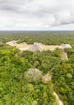 Aerial view of Chichen Itza pyramids, Mexico.