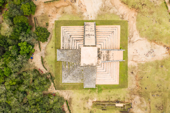 Aerial top down view of Chichen Itza pyramids, Mexico.