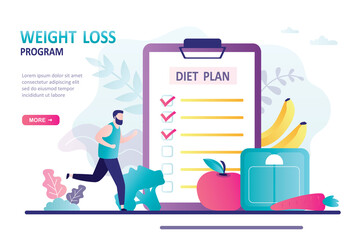 Jogging man and eats according to plan. Concept of healthy food, diet and weight loss program. Male character planning meals.