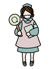 コロナにも対応　マスクをしたナースがクエスチョンの札を持って分かりやすく案内する手描きイラスト