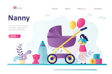Mother holding little boy. Babysitter service concept. Stroller with bunch of balloons and toys. Newborn toddler care and nanny occupation