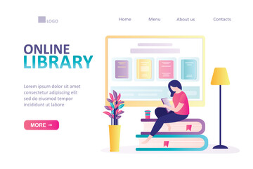 Woman sitting and reading online on tablet pc. Landing page on theme of e-library. Concept of electronic books and e-learning.