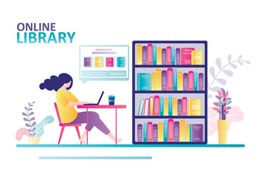 Woman sits at table and chooses book in an online bookstore. Bookshelves with many different books. Online library, e-books and new technology